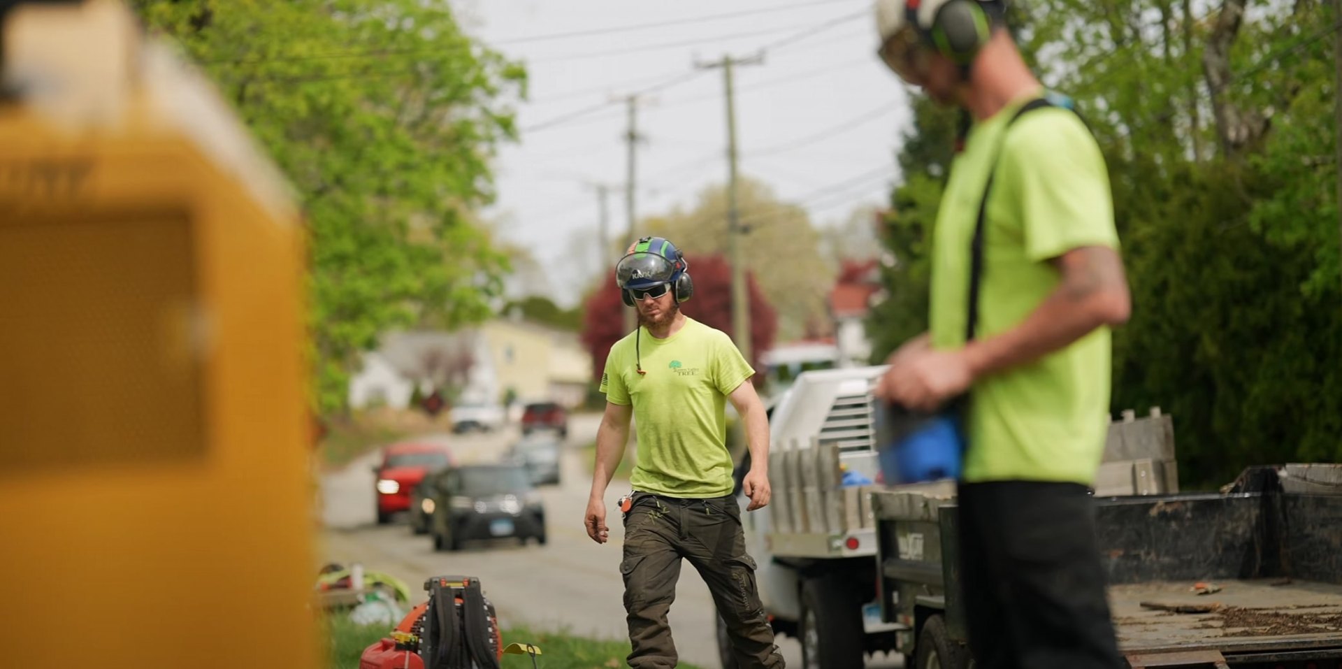 Professional tree service team providing comprehensive tree care in residential areas Tree service crew working on residential street with professional equipment and safety protocols